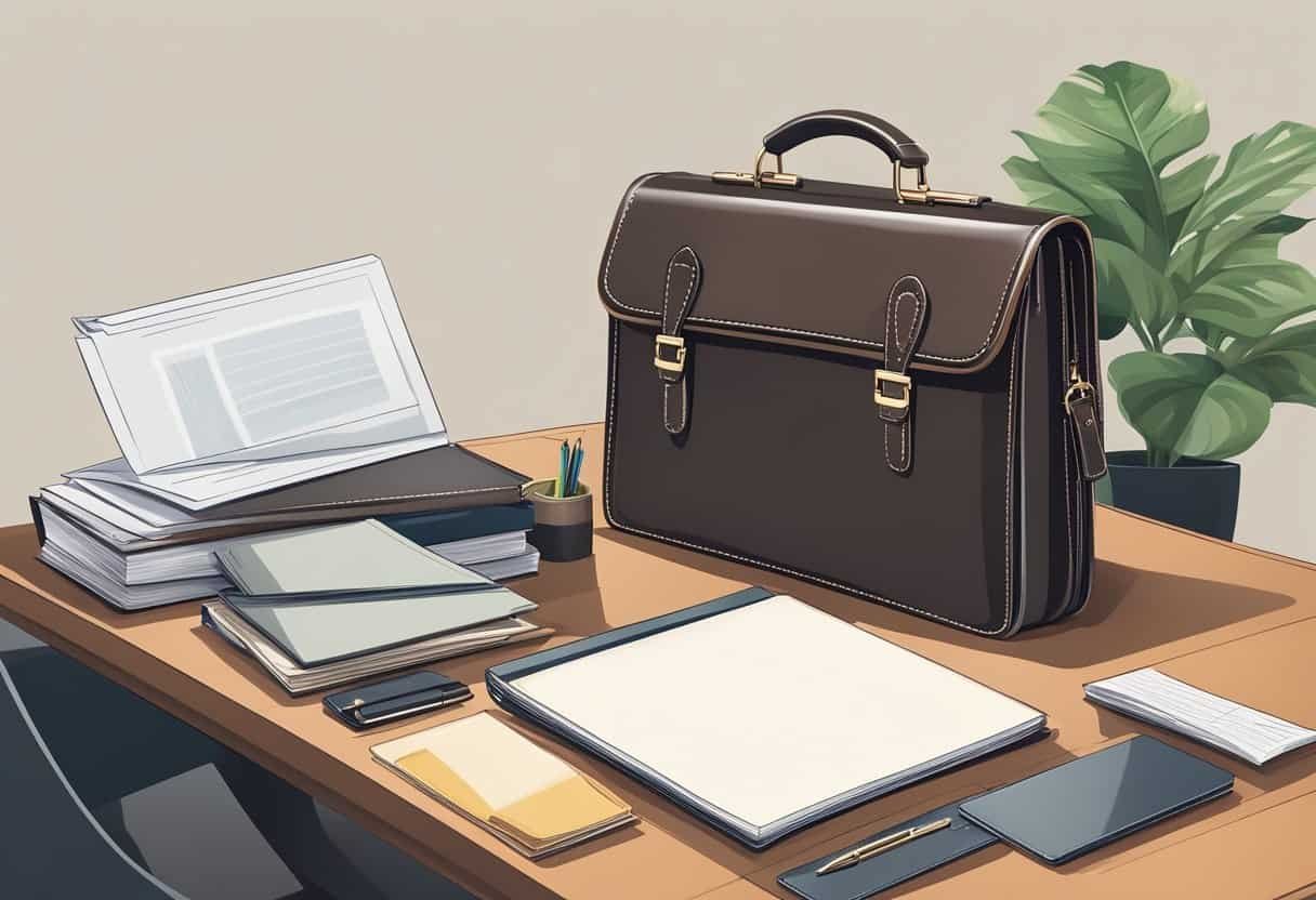 A stylish, high-quality leather briefcase sits on a modern office desk, next to a laptop and a stack of documents. The briefcase exudes professionalism and sophistication, with sleek lines and a minimalistic design