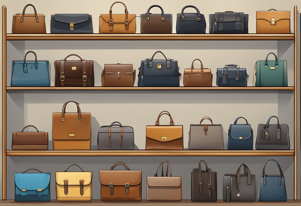 A variety of high-quality business bags displayed on shelves with labels indicating different uses and styles