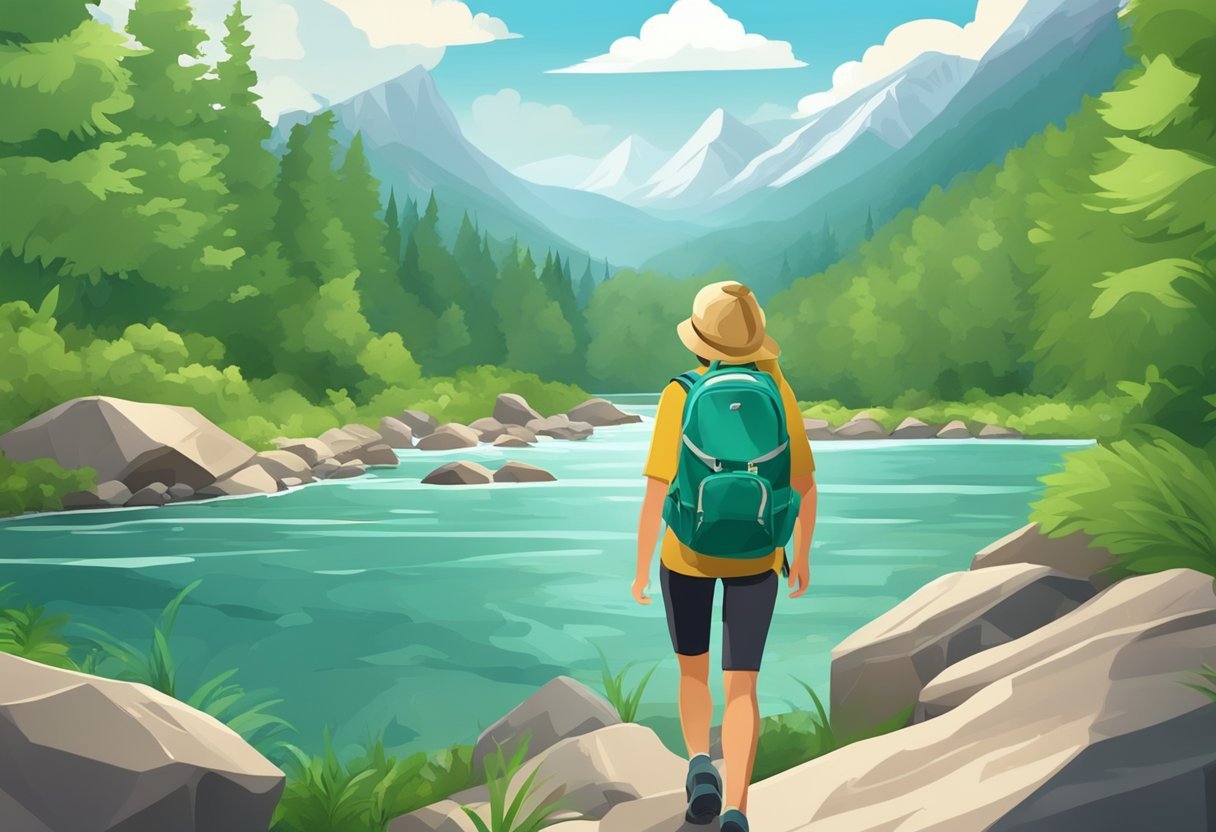 A woman's waterproof backpack lying on a rocky mountain trail, surrounded by lush green trees and a flowing river