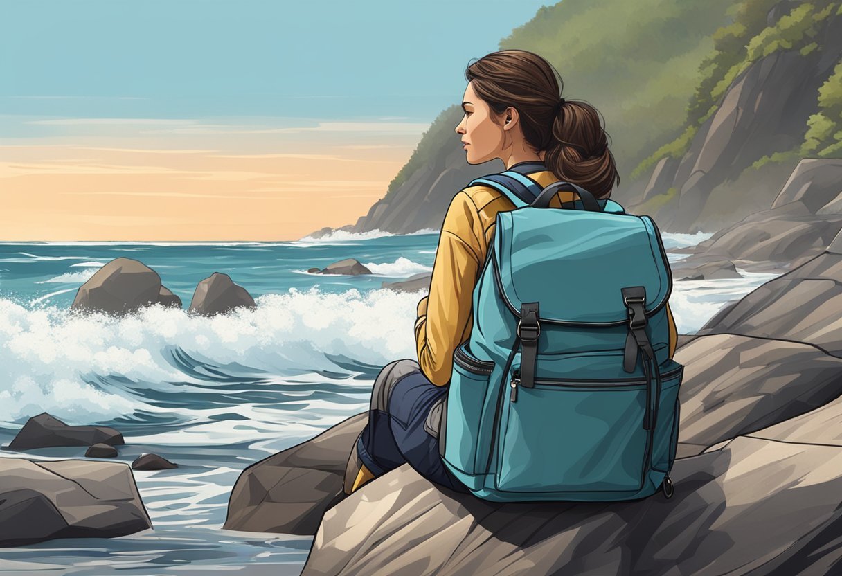 A woman's waterproof backpack sits on a rocky shore, with waves crashing in the background