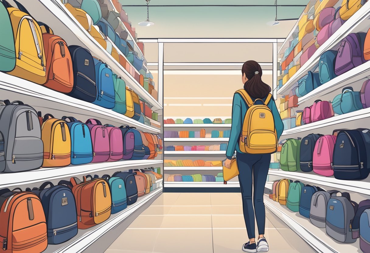 A woman browsing through a variety of waterproof backpacks in a store, with shelves filled with different styles and colors