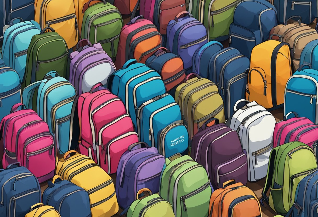 A group of women's waterproof backpacks arranged neatly with a sign "Frequently Asked Questions Wasserdichte Damenrucksäcke" displayed prominently