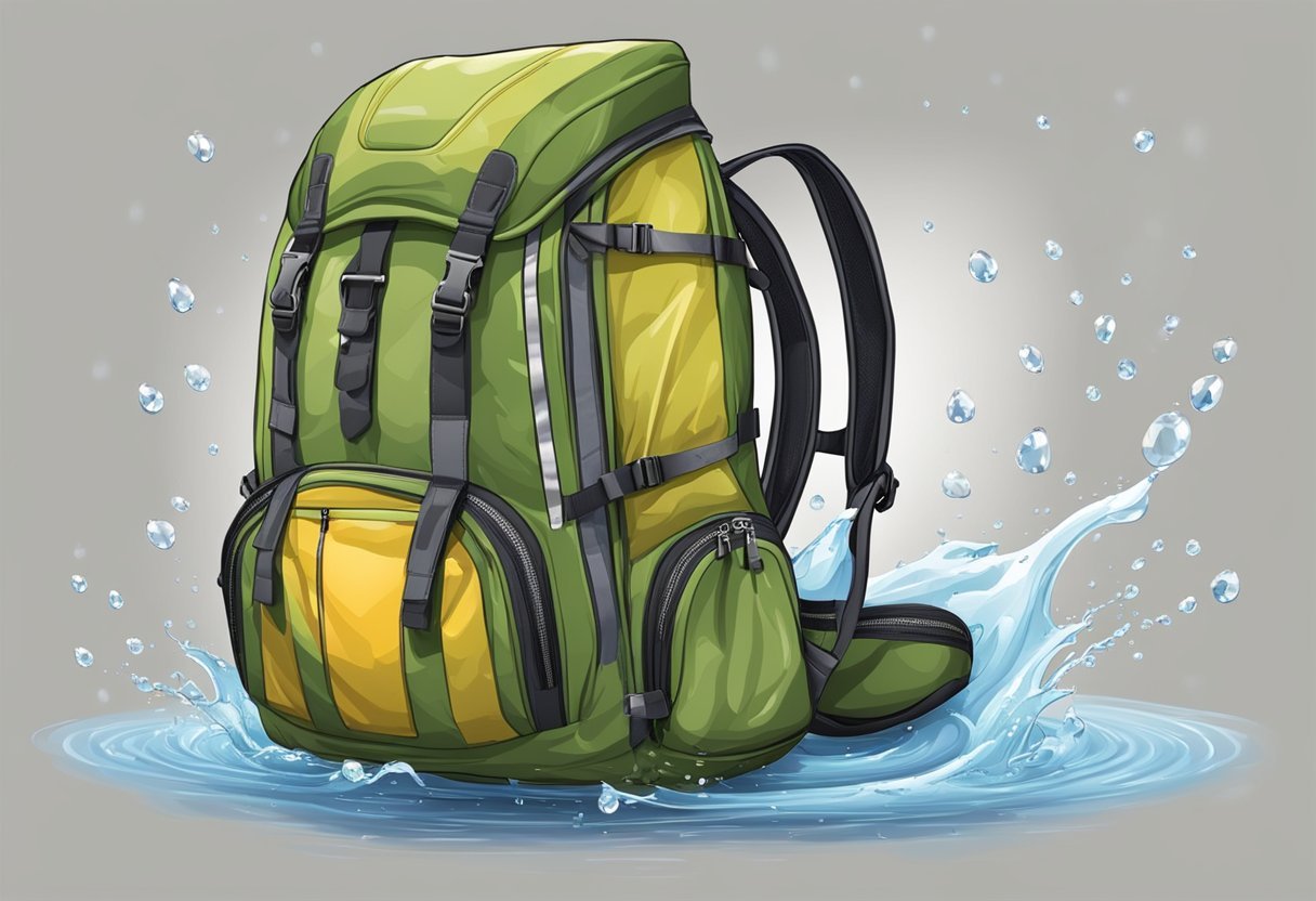 A waterproof backpack being used in various settings, such as hiking, biking, and traveling, with water droplets sliding off its surface