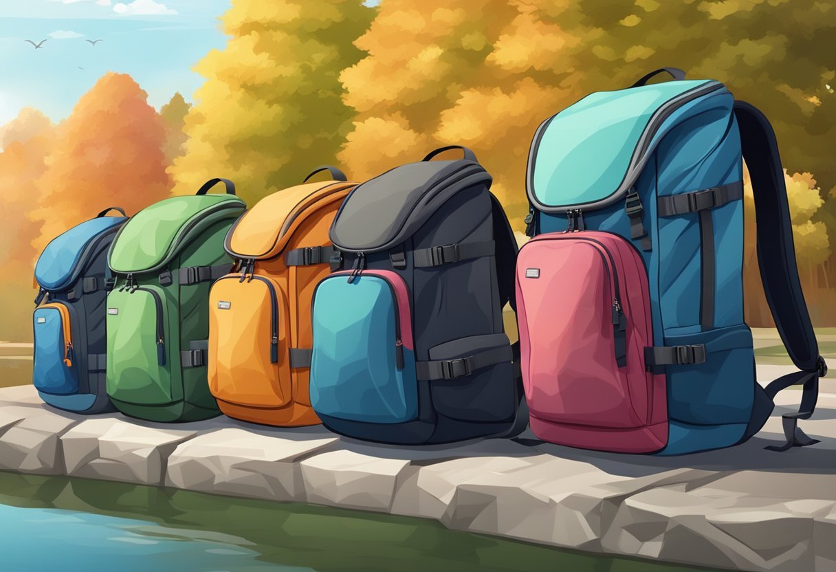 A comparison of waterproof backpacks, arranged in a neat row with various sizes and colors, against a backdrop of nature or urban setting