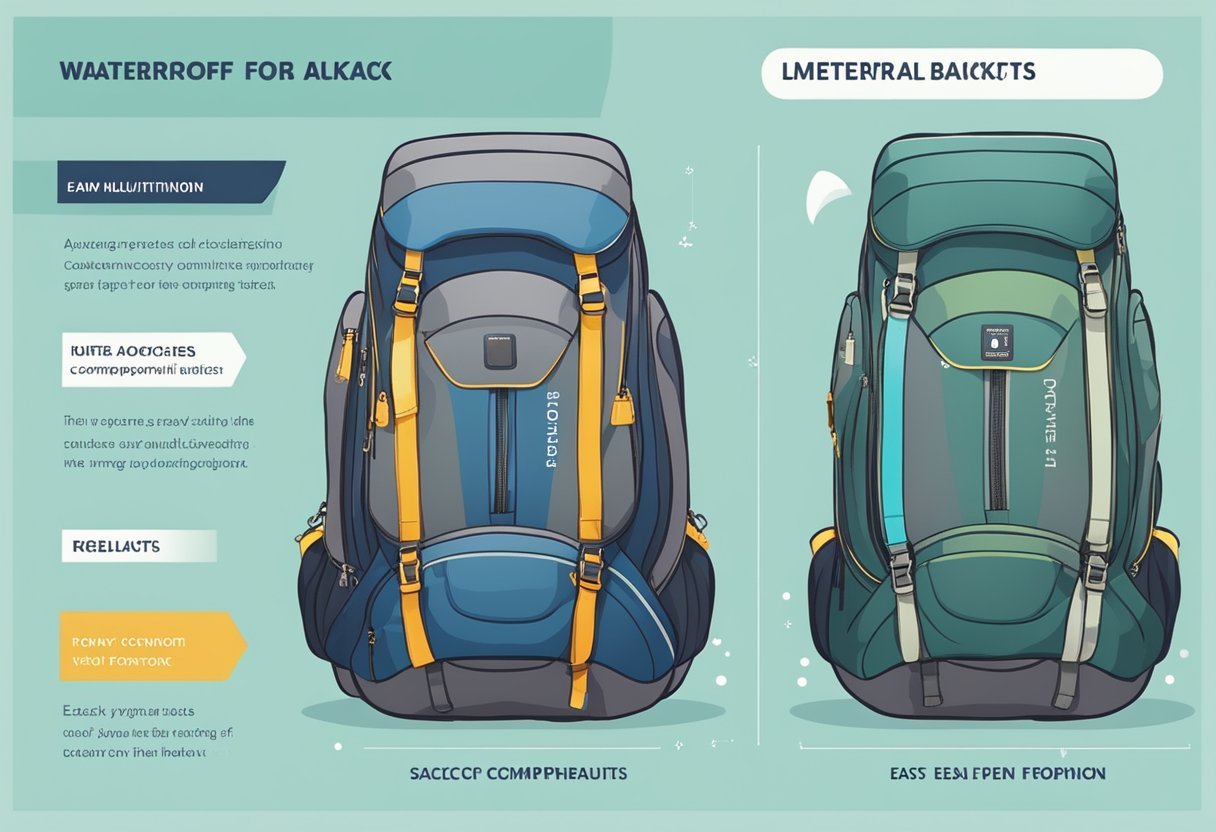 A waterproof backpack compared with advantages and limitations, shown in a side-by-side layout with labeled sections for easy comparison