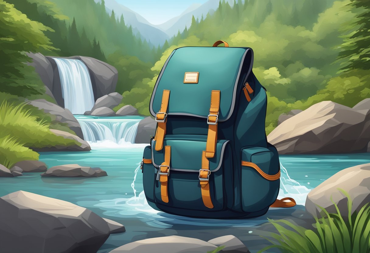 A waterproof backpack next to a flowing stream with a waterfall in the background. The backpack is open, revealing its spacious and functional interior compartments