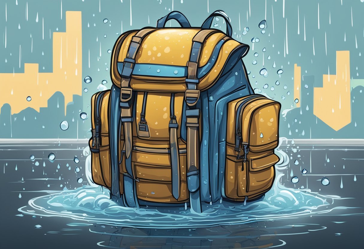 A backpack surrounded by pouring rain, with water droplets sliding off its waterproof surface, showcasing the importance of water resistance