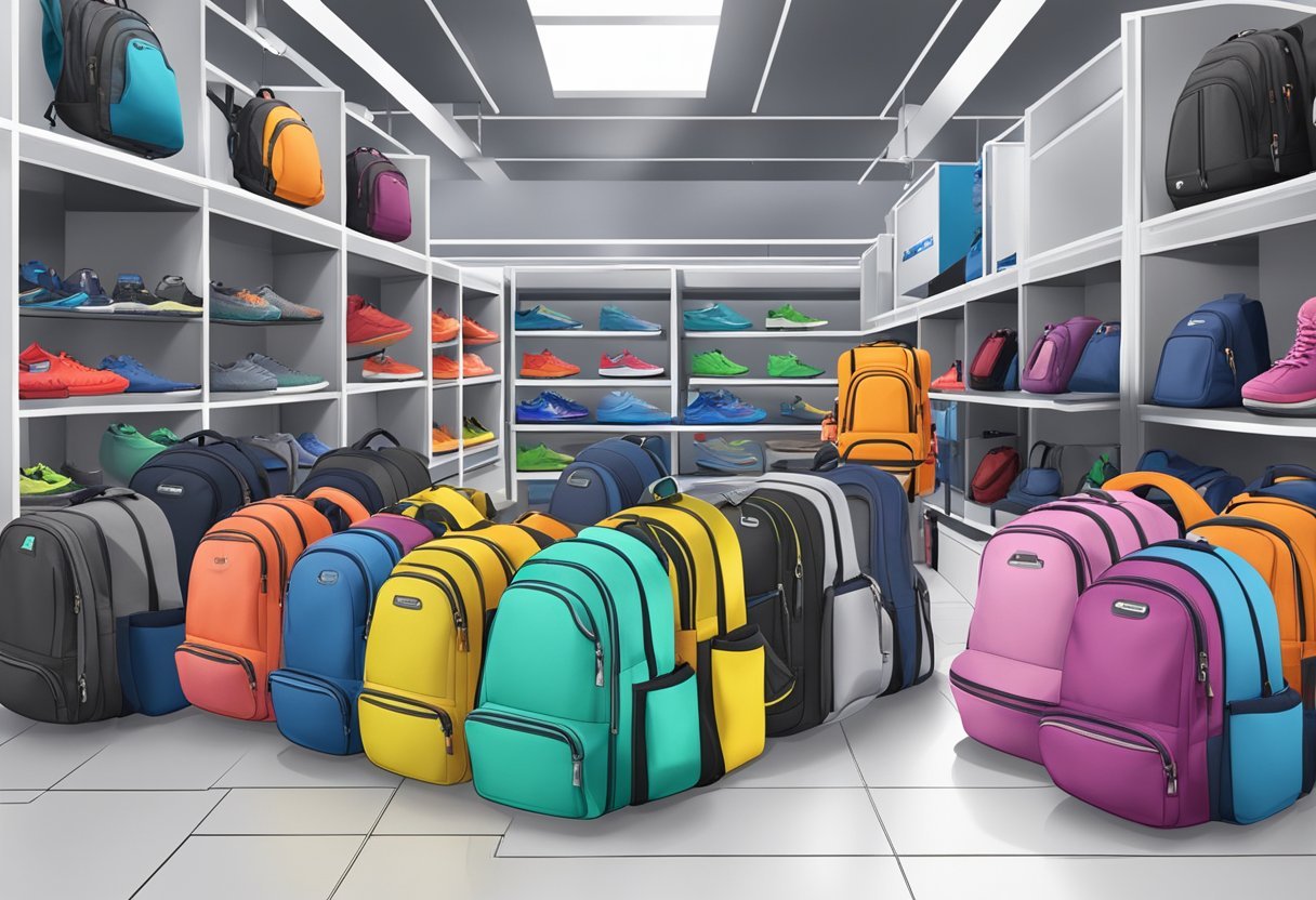 A comparison of waterproof backpacks in a retail setting with various brands and styles on display