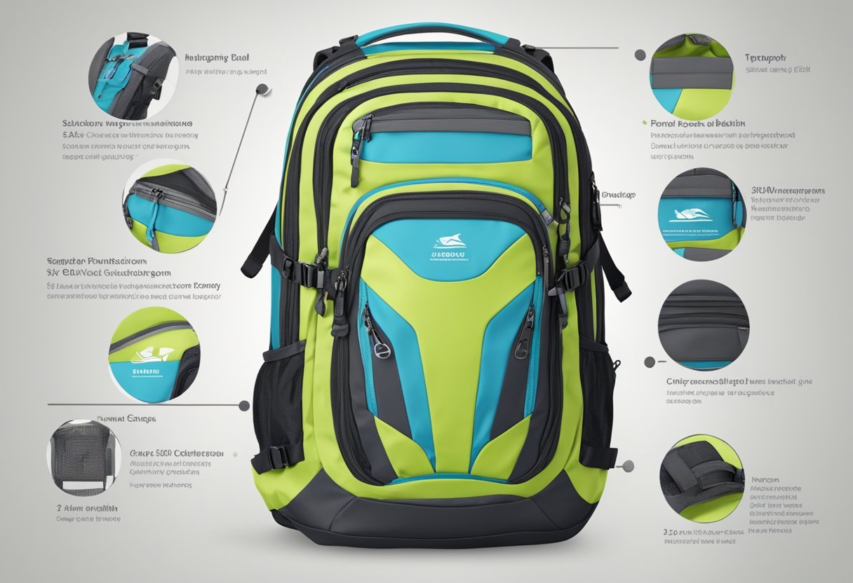 A comparison of waterproof backpacks with FAQ text and product images displayed on a digital screen