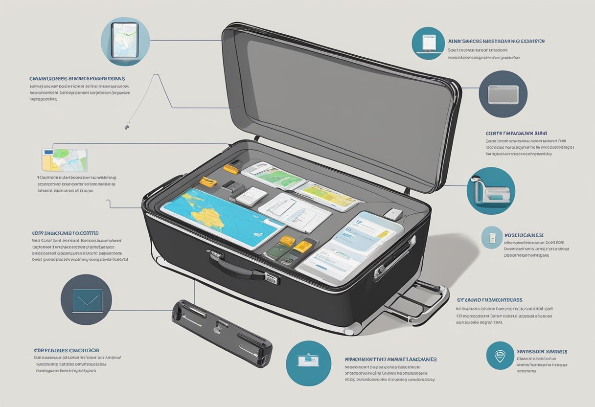 A table displaying various GPS trackers in a suitcase, with manufacturers' logos and product details