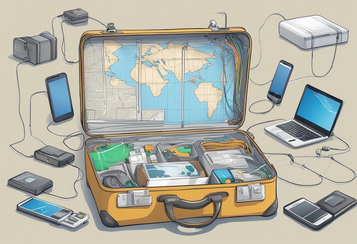 A suitcase with a built-in GPS tracker, surrounded by various electronic devices and cables, illustrating the fundamentals of GPS technology