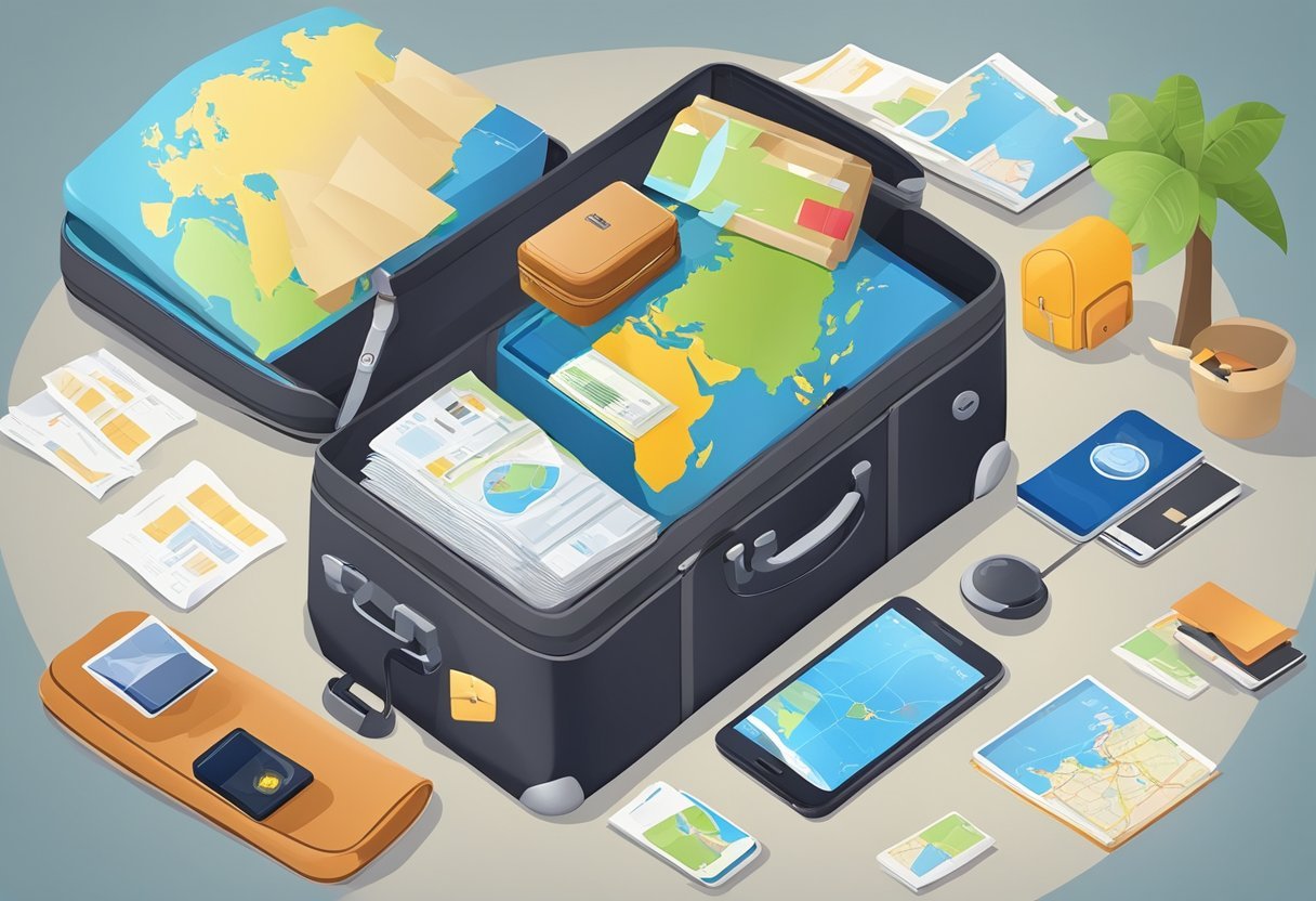 A suitcase with a GPS tracker attached, surrounded by travel essentials like a passport, tickets, and a map. The tracker is sending signals and showing the suitcase's location on a smartphone