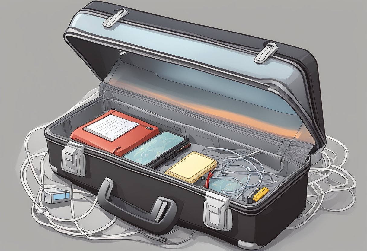 A GPS tracker inside a suitcase with a red blinking light, surrounded by tangled wires and a small instruction manual