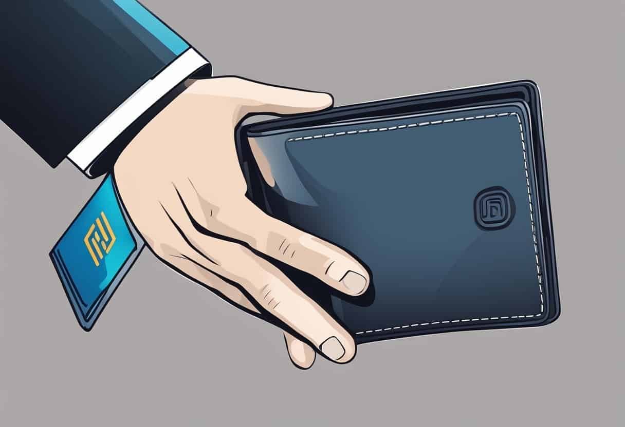 A hand reaches into a pocket, pulling out a wallet with a visible RFID symbol. The wallet is sleek and modern, with a clear focus on technology and security