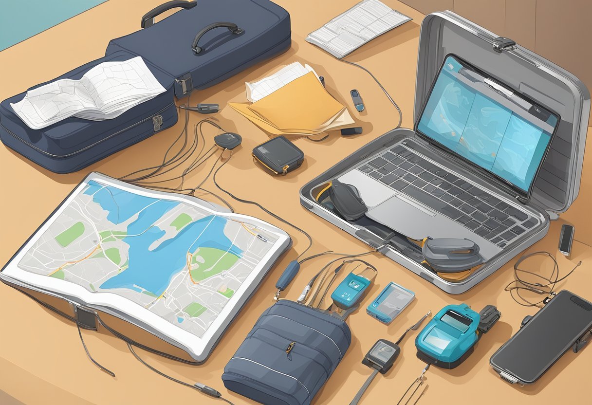 A hand reaches into an open suitcase, holding a GPS tracker. The tracker is being carefully placed inside the suitcase, with wires being connected to the lining