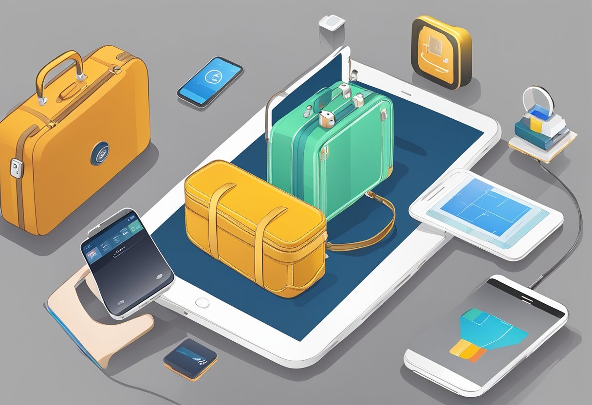 A GPS tracker being attached to a suitcase, with a smartphone displaying the tracking app. Various models of trackers and suitcases are shown for comparison