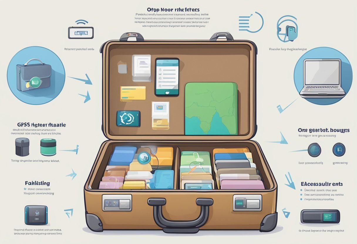 An open suitcase with various GPS trackers displayed, accompanied by a list of tips for choosing the right one