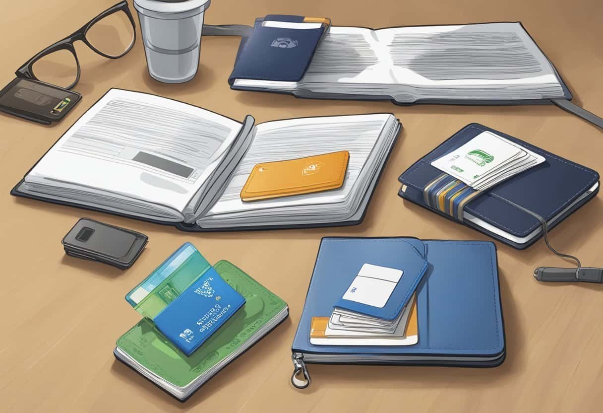 A table with various RFID wallets and a stack of RFID chips. An open book on the side with "Grundlagen von RFID-Technologie RFID-Geldbörsen: Ein Leitfaden" on the cover