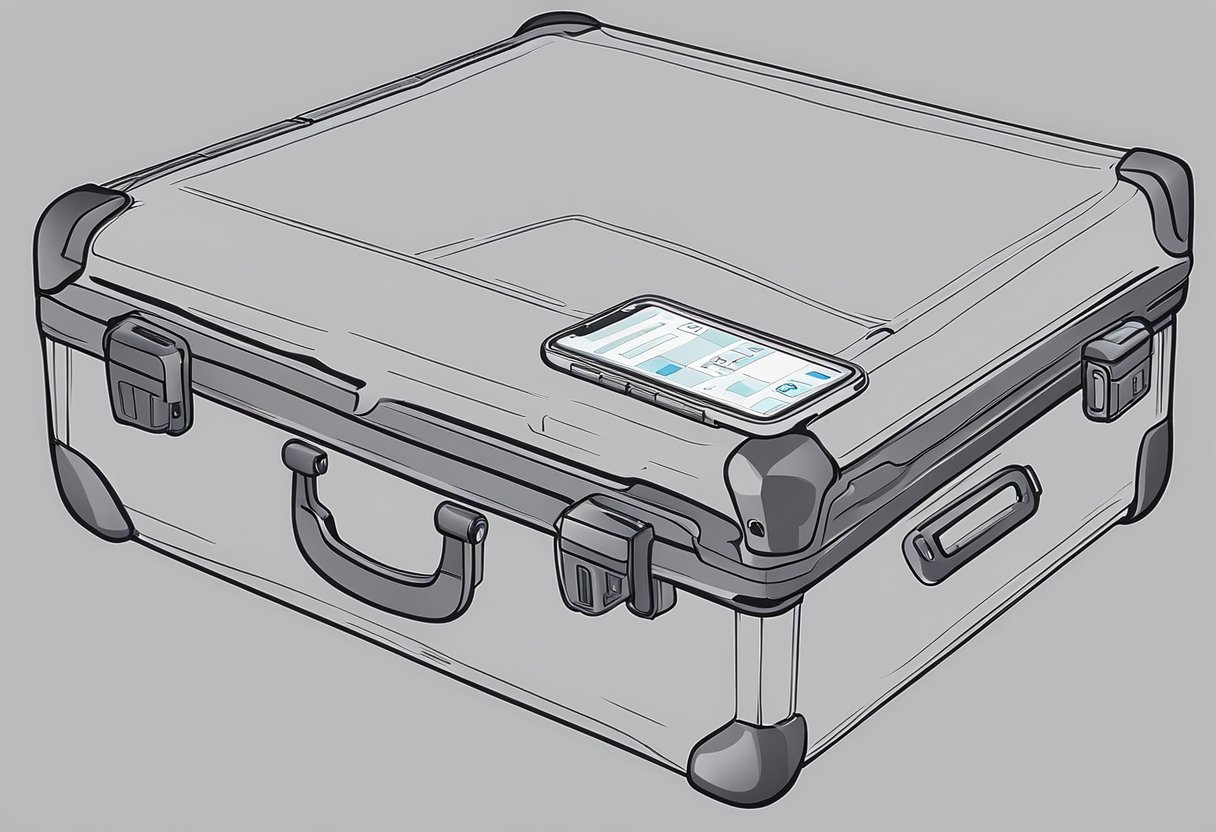 A GPS tracker attached to a suitcase, with clear display and compact design. Consider size, battery life, and real-time tracking for your selection