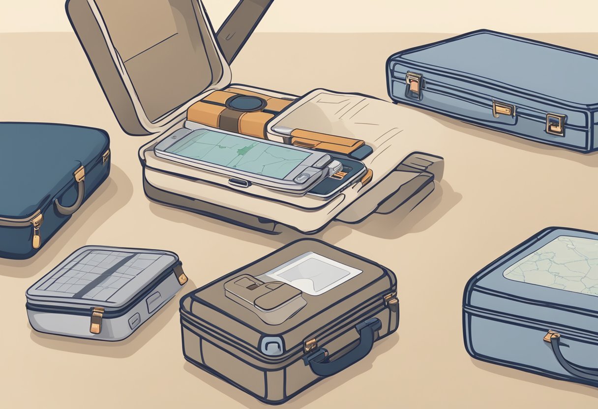 A hand holding different GPS trackers, with a suitcase in the background. Text reads "Selection criteria for the right GPS tracker. Tips for choosing the right GPS tracker for your suitcase."