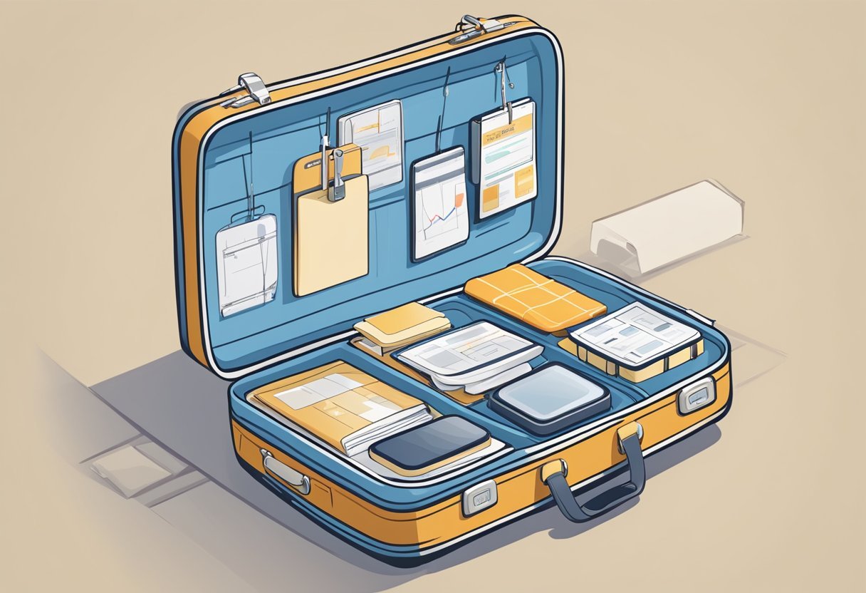 A suitcase with a GPS tracker attached, surrounded by different subscription options and price lists. Tips on selecting the right tracker are displayed nearby