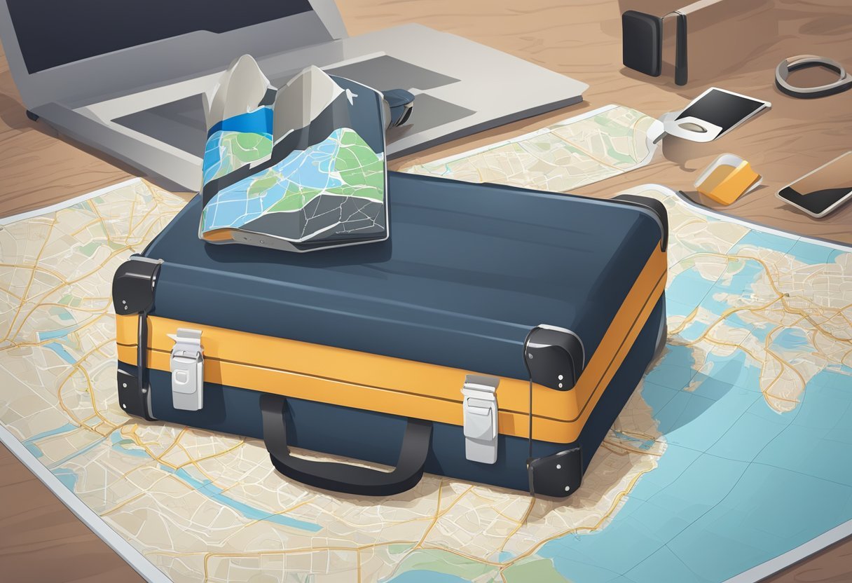 A GPS tracker being attached to a suitcase, with a map in the background showing travel routes