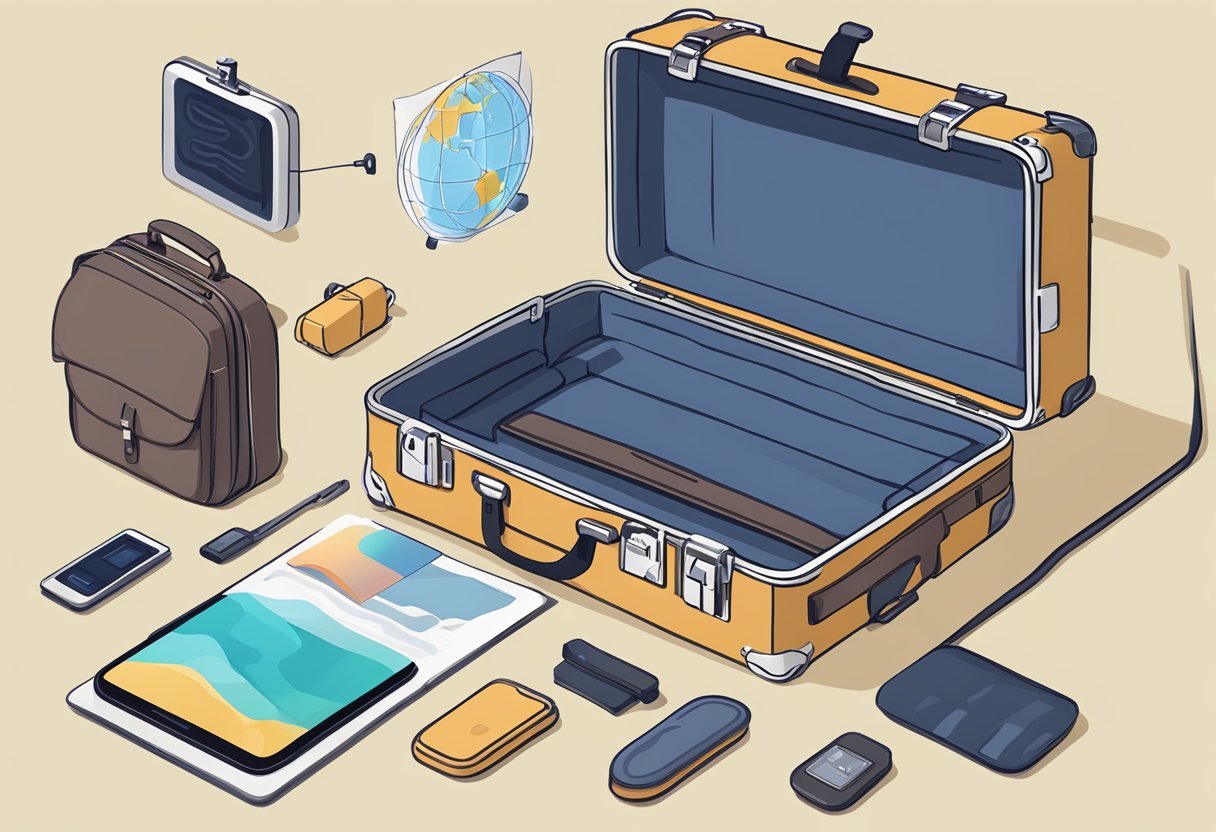 A GPS tracker being attached to a suitcase, with various options for placement and tips for choosing the right tracker