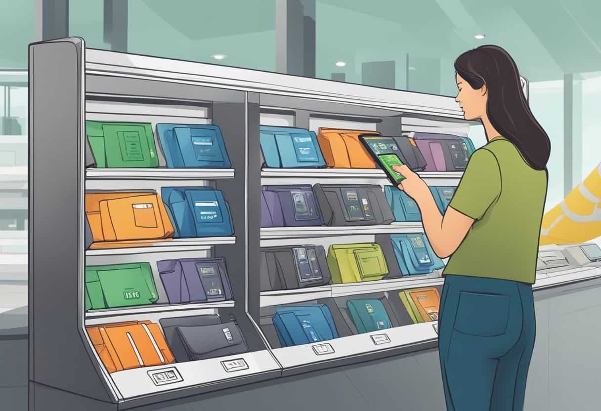 A person selecting an RFID wallet from a display, comparing features and prices, with various styles and colors to choose from