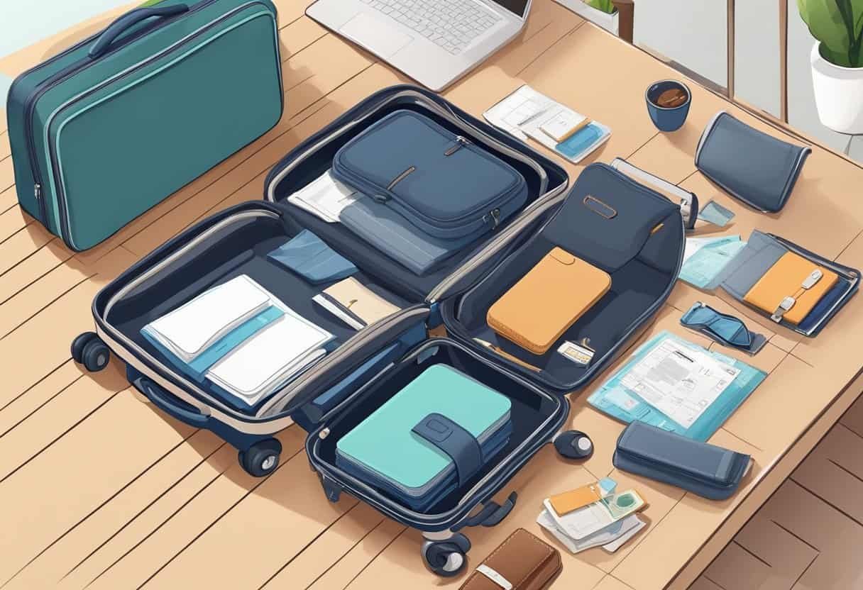 A traveler carefully selects a compact suitcase, packing it with essential items for a trip. The suitcase is placed next to a passport and boarding pass on a table