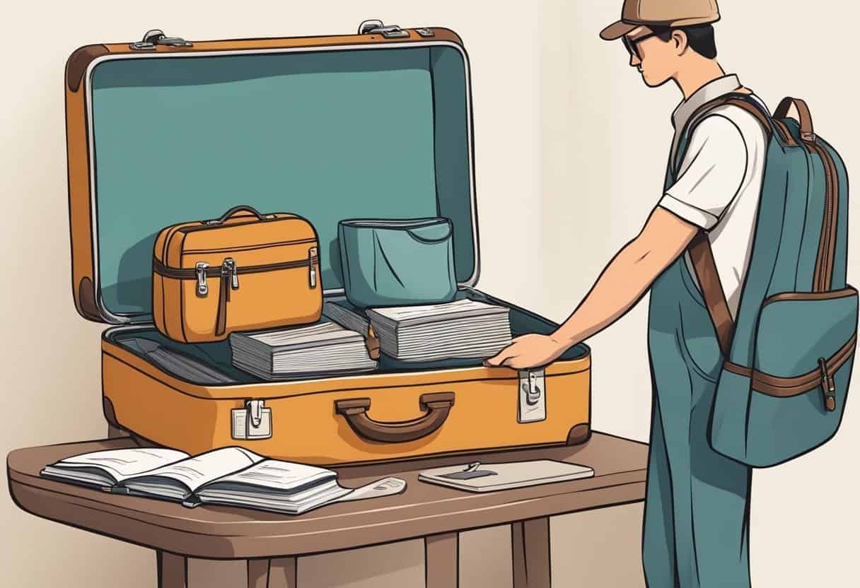 A traveler carefully selects a compact suitcase, reads a guidebook, and weighs luggage on a scale