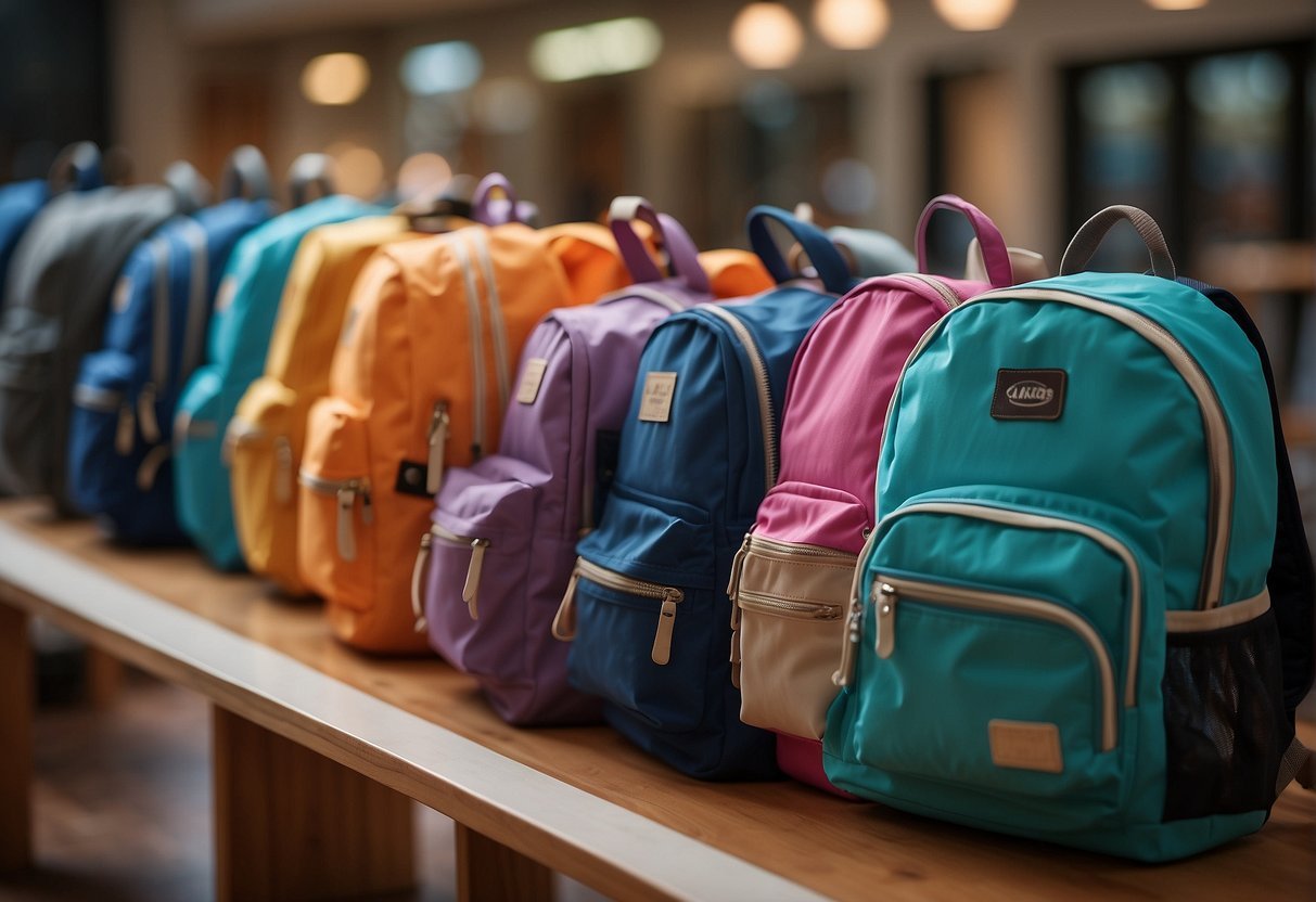 A colorful display of trendy school backpacks with helpful decision-making tools