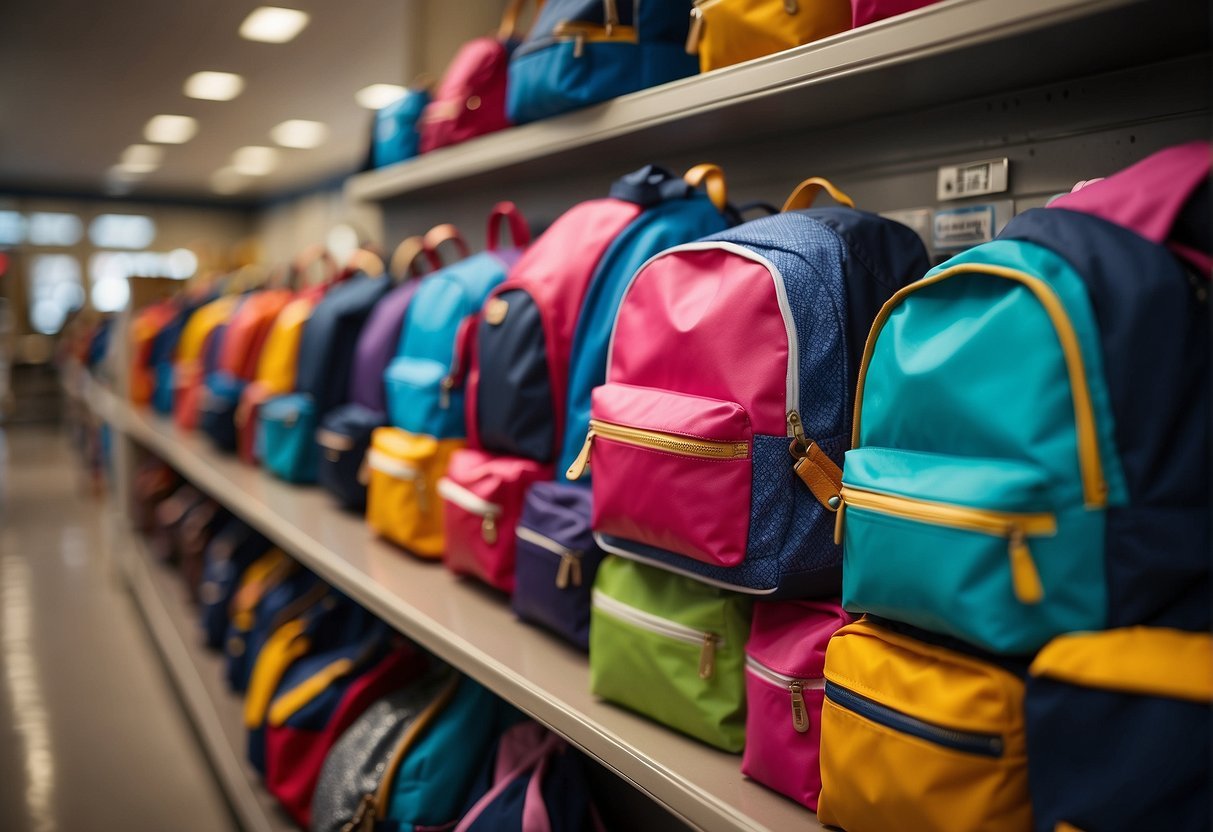 A row of colorful school backpacks displayed on shelves with trendy designs and features