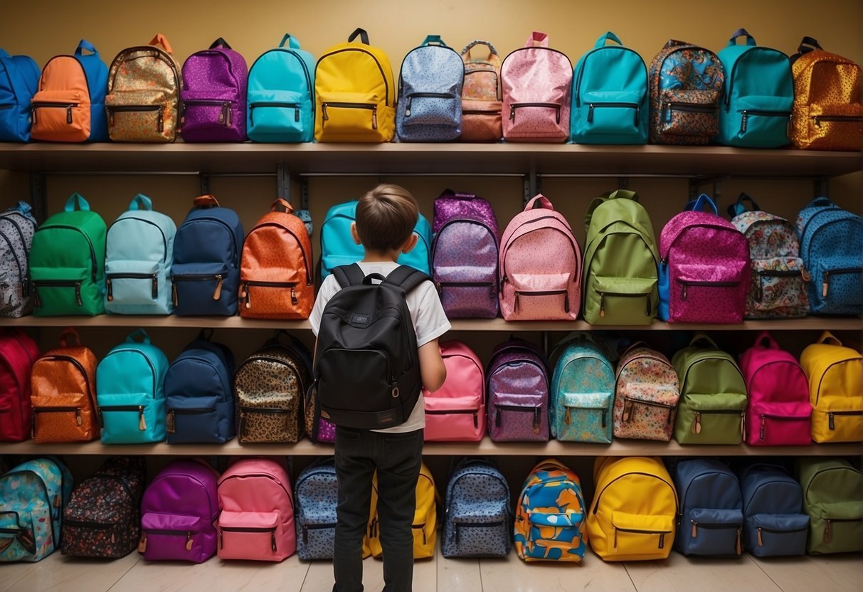 A child browsing through various colorful and trendy school backpacks, surrounded by shelves filled with different designs and styles