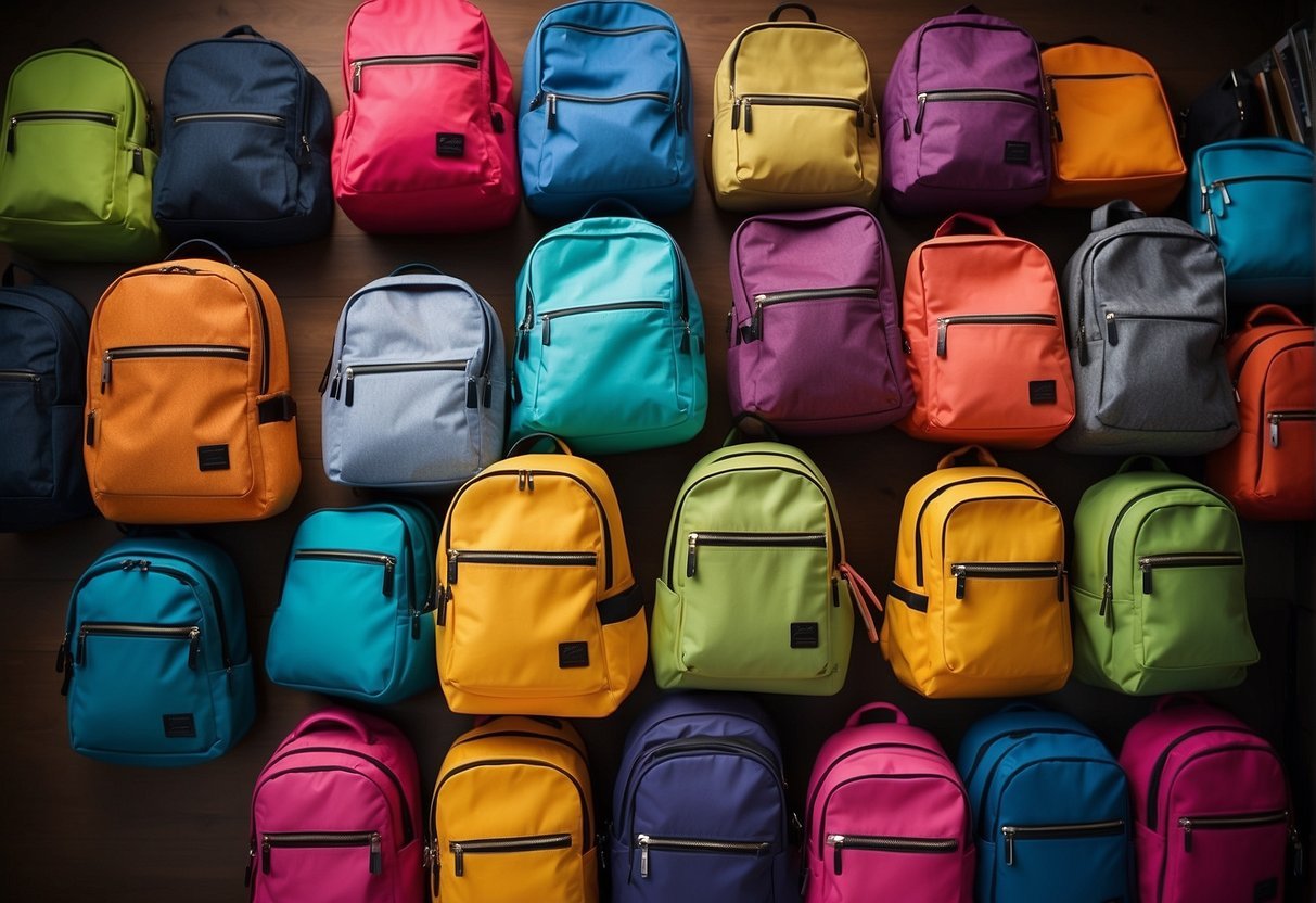 A colorful display of popular school bag designs with "Frequently Asked Questions Trends bei Schulranzen" prominently displayed