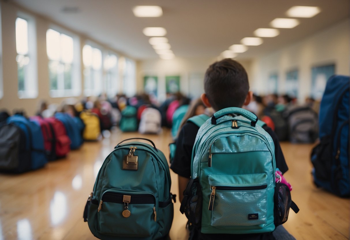 A school bag and a backpack face off in a crowded classroom