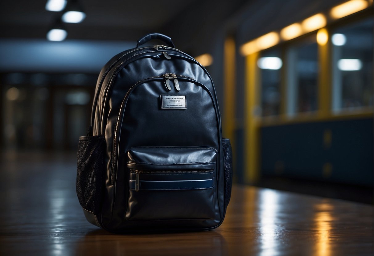 A bright, reflective school bag stands out against a dark, shadowy backpack. The school bag is equipped with reflective strips and a safety light, while the backpack lacks these features