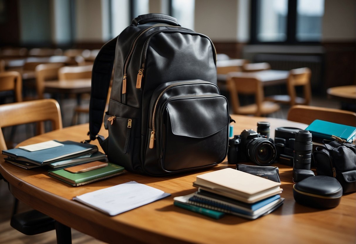 A backpack and a school bag are laid out on a table, with various school supplies spilling out of them. The backpack is larger and has more compartments, while the school bag is smaller and simpler in design