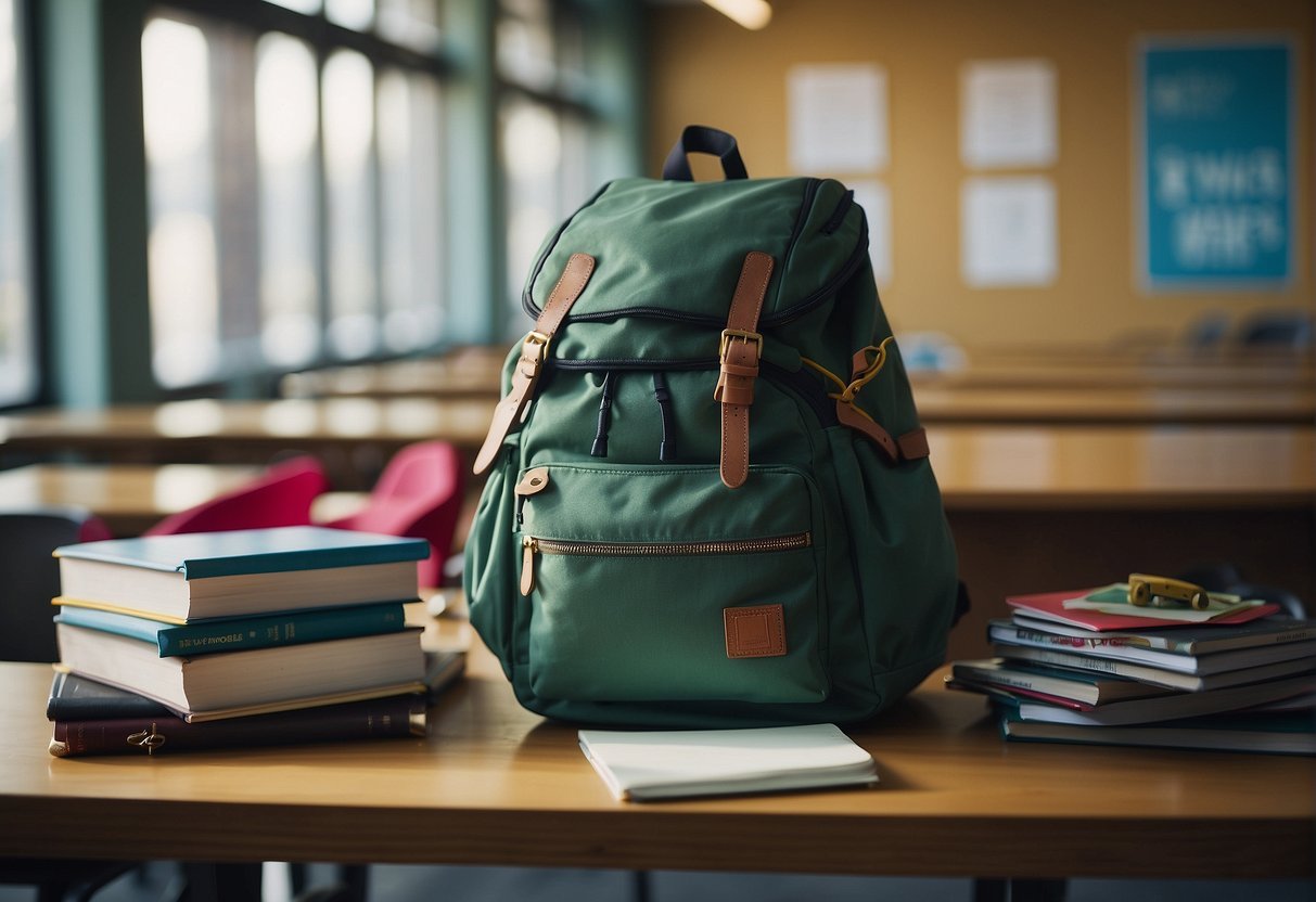 A school backpack and a rucksack are placed side by side, with school supplies spilling out of each. A question mark hovers above them, representing the confusion between the two options