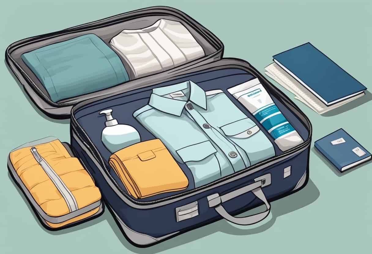 A suitcase filled with neatly folded clothes, toiletries organized in a clear bag, and a compact travel guide laying on top