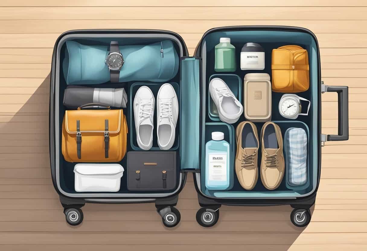 Items neatly organized in a suitcase, maximizing space with strategic packing techniques. Clothes rolled tightly, toiletries in travel-sized containers, and shoes placed in corners to optimize storage