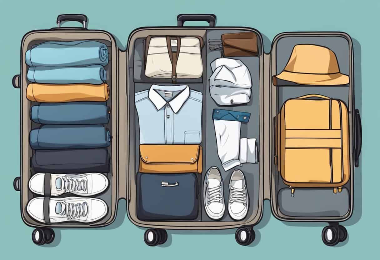 A suitcase filled with neatly folded clothes and organized travel essentials, ready to be zipped up for efficient packing