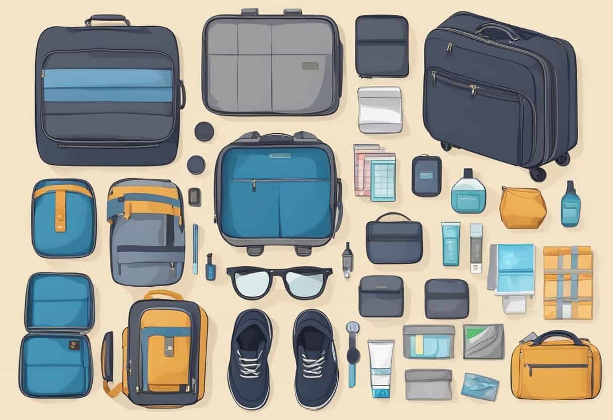 A neatly organized suitcase with various items neatly packed inside, including clothes, toiletries, and travel essentials. Labels and packing cubes help keep everything in order