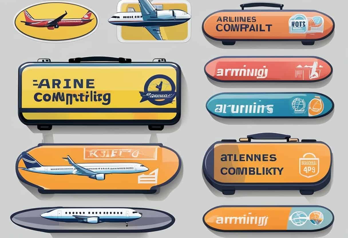 Airlines' compatibility labels on various hand luggage materials for an illustration