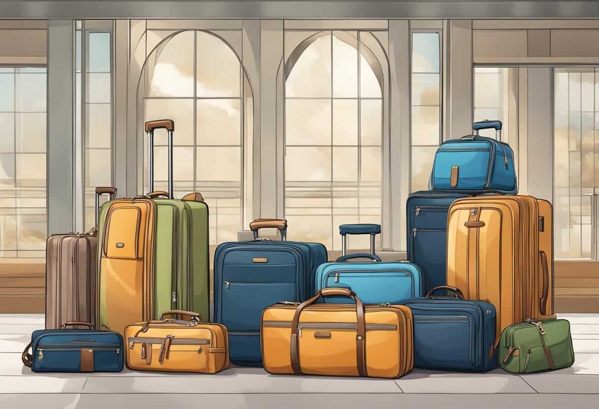 The scene shows various materials with their pros and cons for hand luggage bags. Options include durable fabrics, lightweight plastics, and luxurious leathers