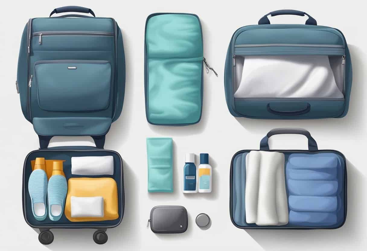 A neatly organized carry-on bag with neatly folded clothes, toiletries in clear pouches, and a compact travel pillow and blanket