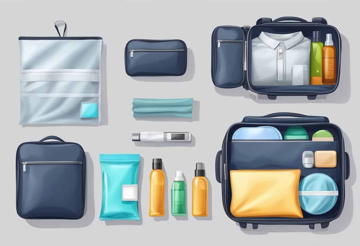 A neatly organized carry-on bag with folded clothes, toiletries in a clear bag, and a small pouch for electronics and documents