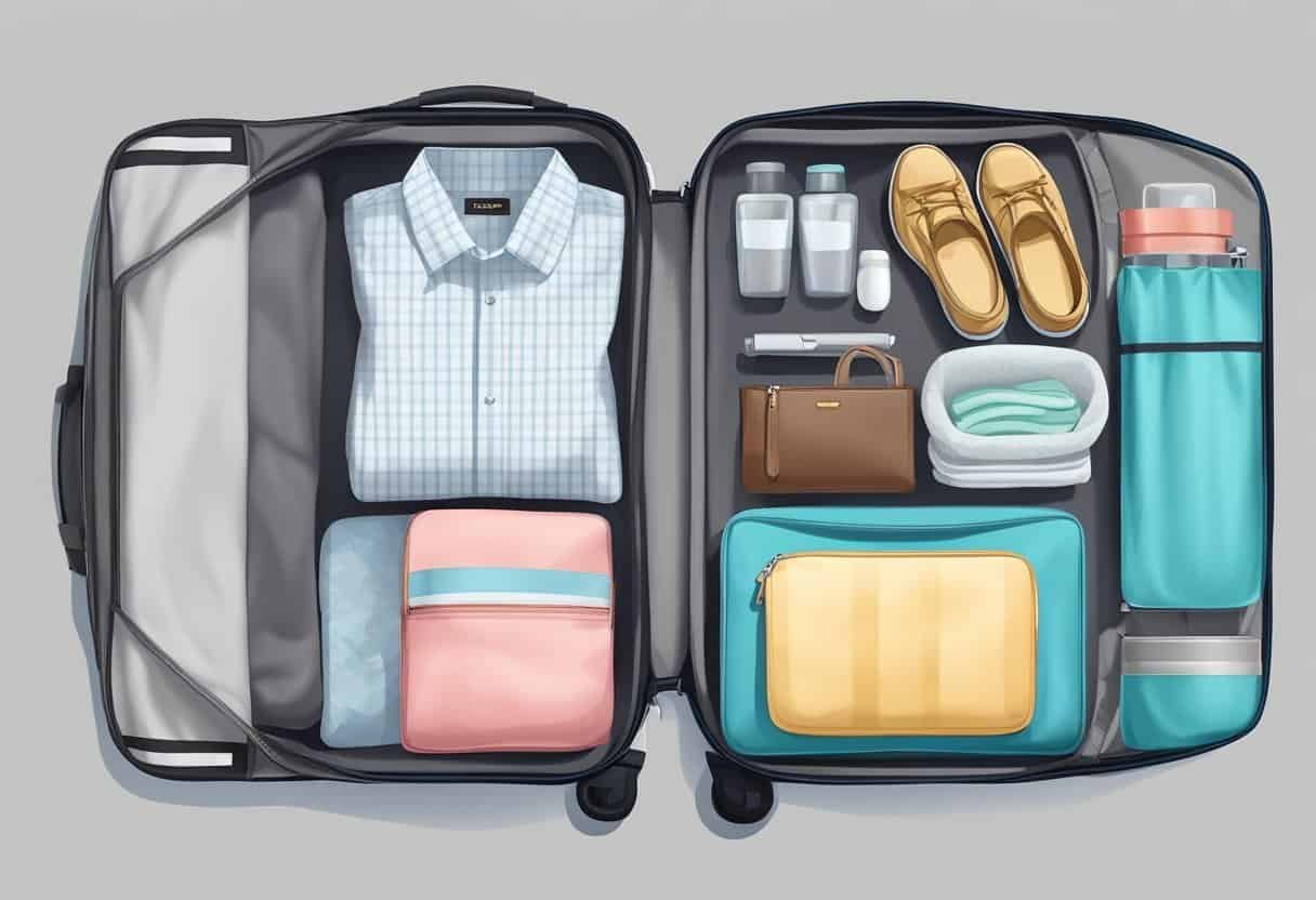 A well-organized carry-on bag with neatly folded clothes, toiletries in a clear pouch, and a laptop in a designated compartment