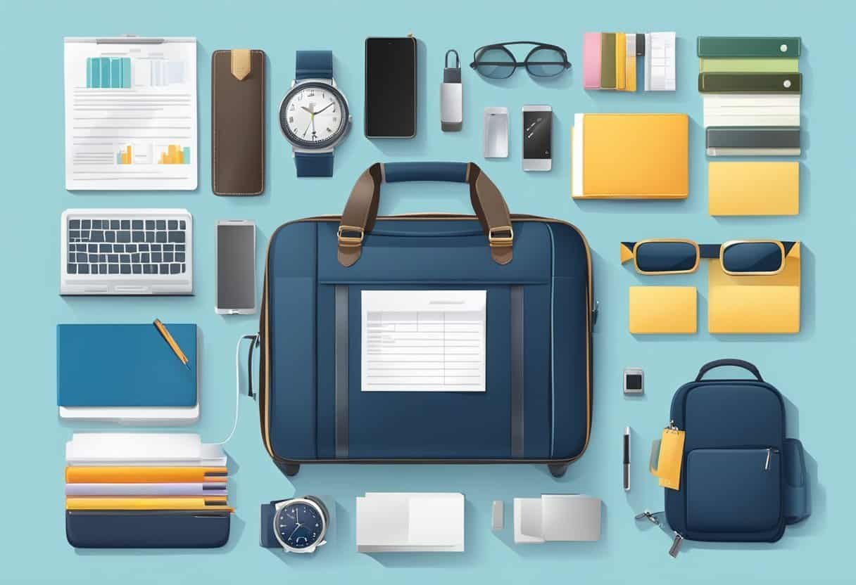 A well-organized carry-on bag with neatly packed business essentials, including a laptop, documents, and travel accessories