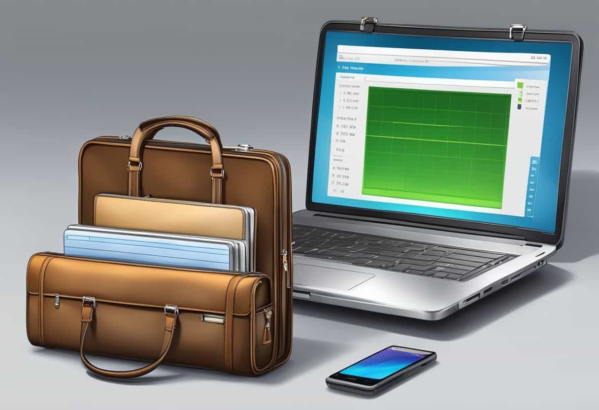 A briefcase and laptop fitting into a luggage sizer, with weight scale nearby