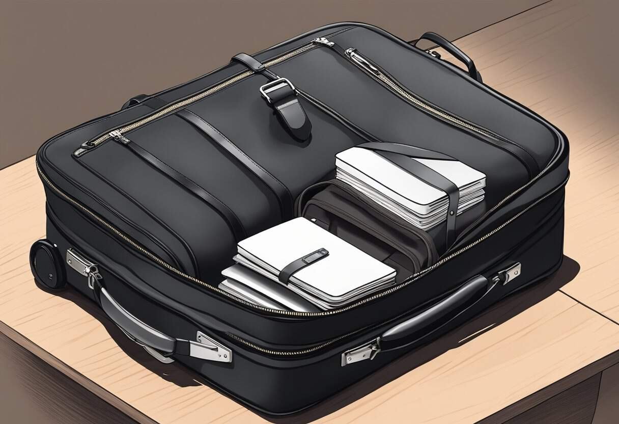 A sleek black carry-on with multiple compartments and a built-in laptop sleeve sits next to a neatly packed briefcase and a pair of polished dress shoes